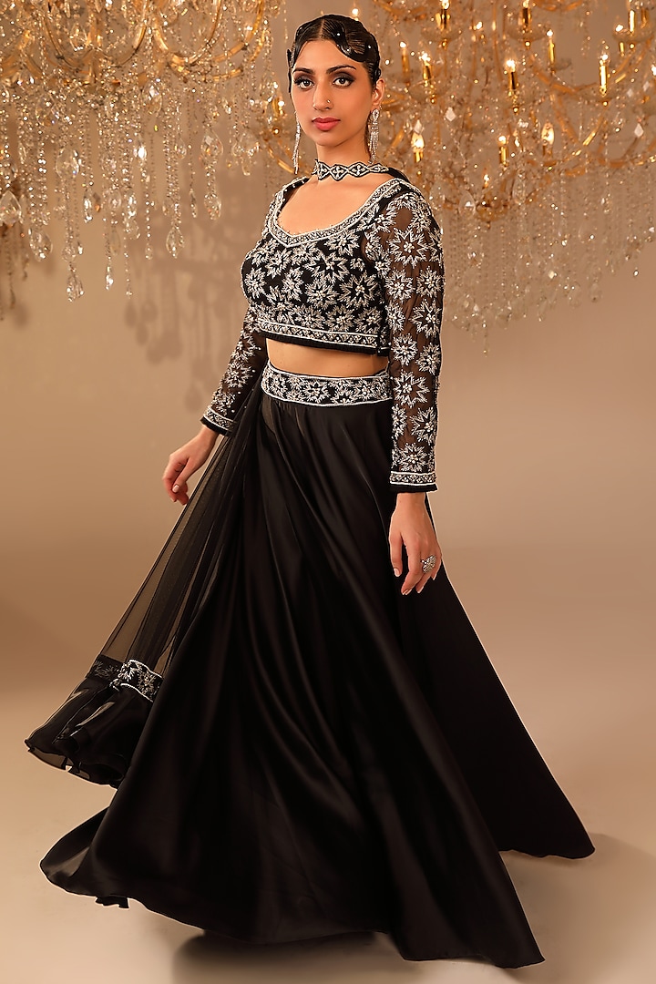 Black Satin Crystal Embroidered Lehenga Set by OMAL SINDWANI