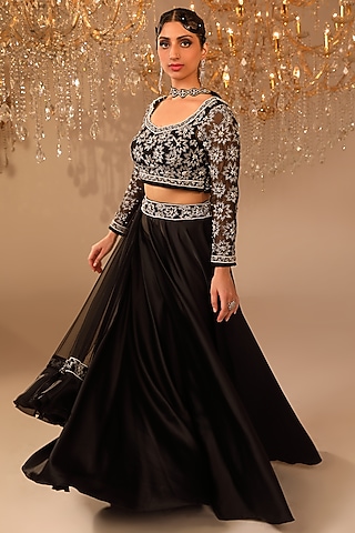 Black Satin Crystal Embroidered Lehenga Set by OMAL SINDWANI