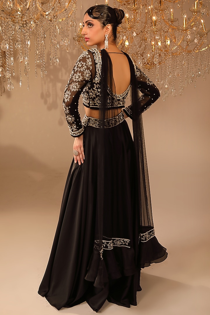 Black Satin Crystal Embroidered Wedding Lehenga Set by OMAL SINDWANI at Pernia's Pop Up Shop