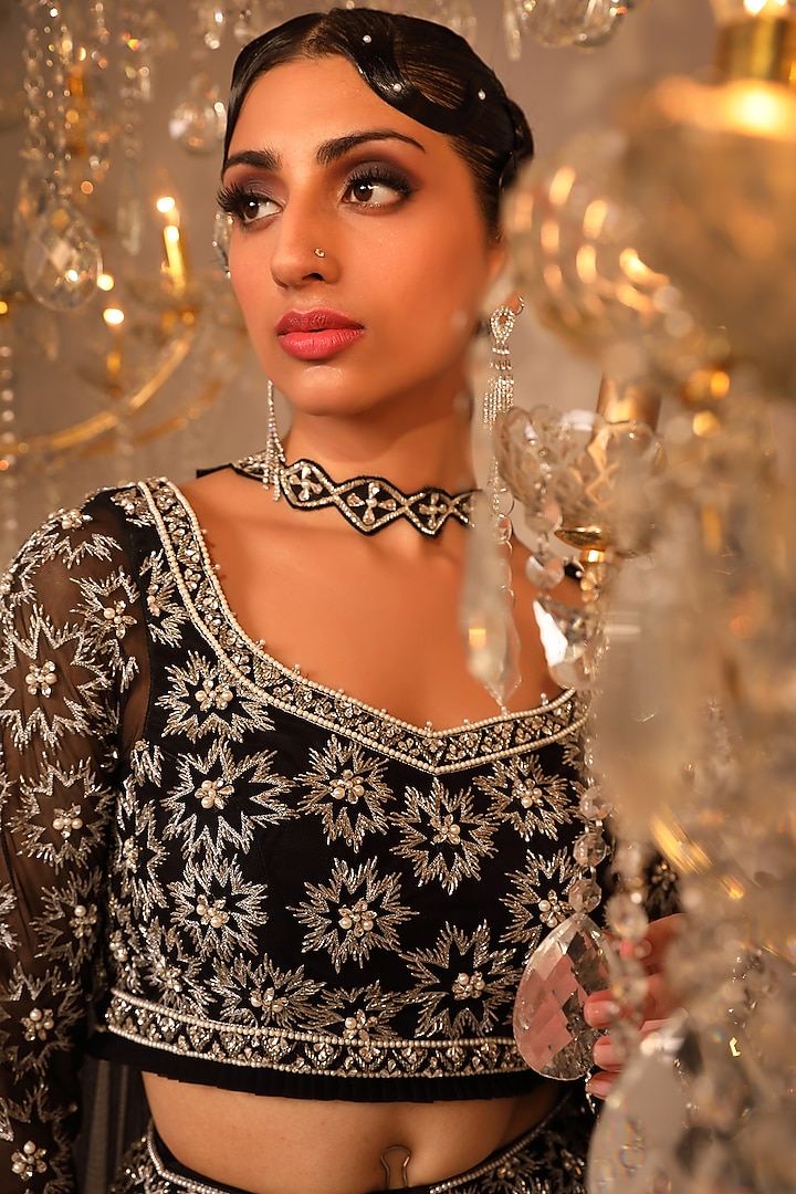 Black Satin Crystal Embroidered Wedding Lehenga Set by OMAL SINDWANI at Pernia's Pop Up Shop