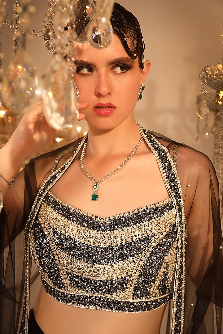 Black Net Embroidered Cape Set by OMAL SINDWANI at Pernia's Pop Up Shop