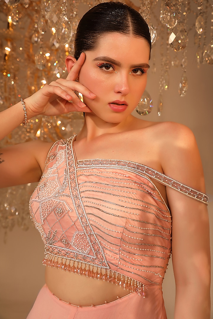 Peach Net & Georgette Cutdana Embroidered Jumpsuit by OMAL SINDWANI at Pernia's Pop Up Shop