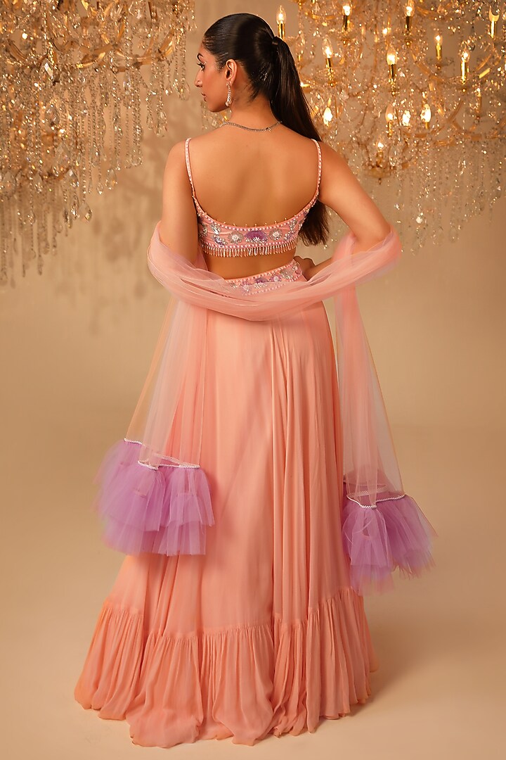 Peach Net & Georgette Floral Embroidered Wedding Lehenga Set by OMAL SINDWANI at Pernia's Pop Up Shop