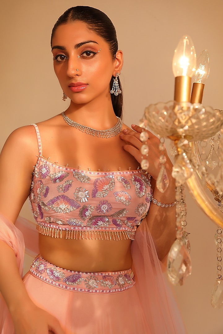 Peach Net & Georgette Floral Embroidered Wedding Lehenga Set by OMAL SINDWANI at Pernia's Pop Up Shop