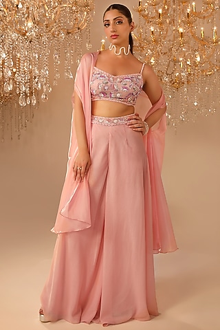 Pink Metallic Georgette Cape Set by OMAL SINDWANI