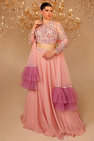 Baby Pink Metallic Georgette Lehenga Set by OMAL SINDWANI