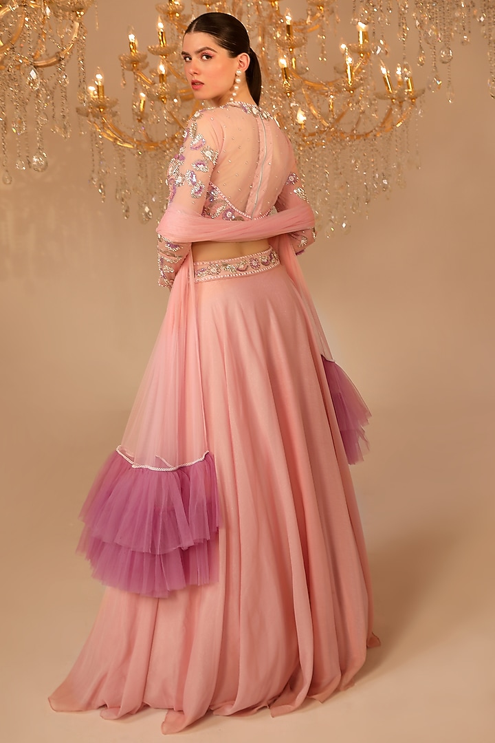 Baby Pink Metallic Georgette Wedding Lehenga Set by OMAL SINDWANI at Pernia's Pop Up Shop
