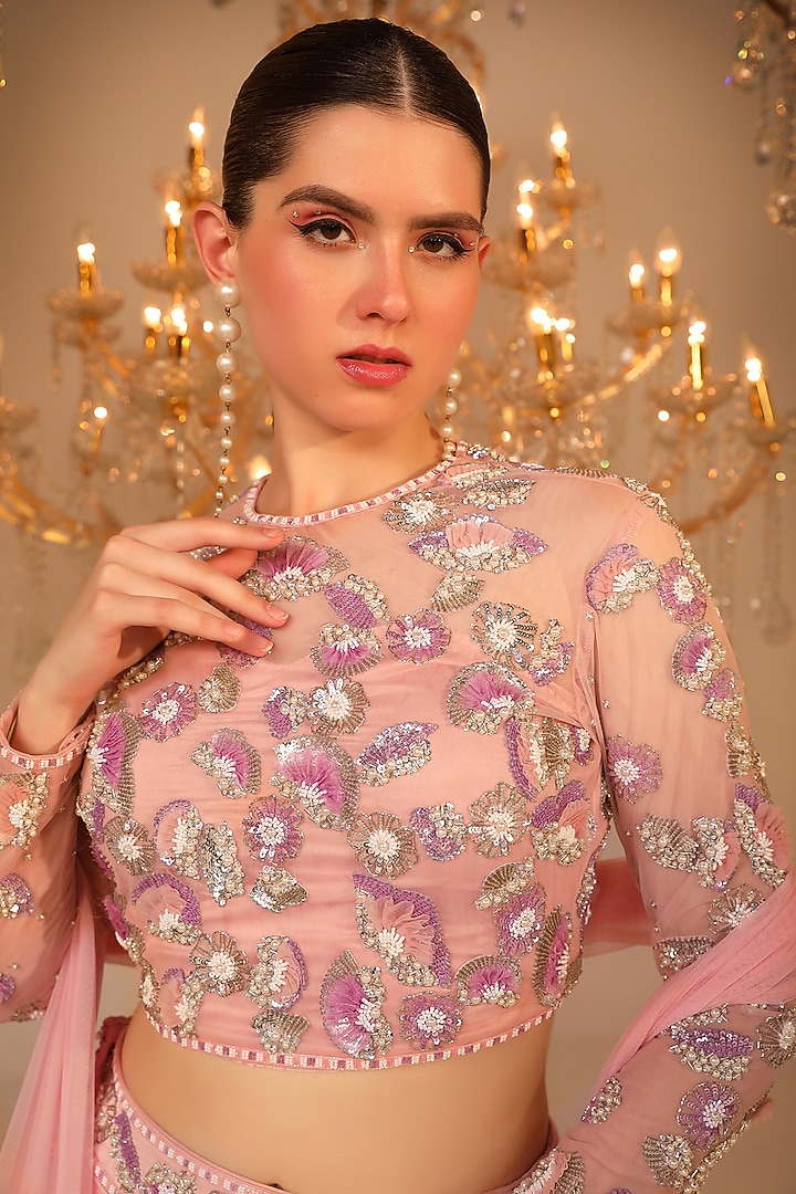 Baby Pink Metallic Georgette Wedding Lehenga Set by OMAL SINDWANI at Pernia's Pop Up Shop