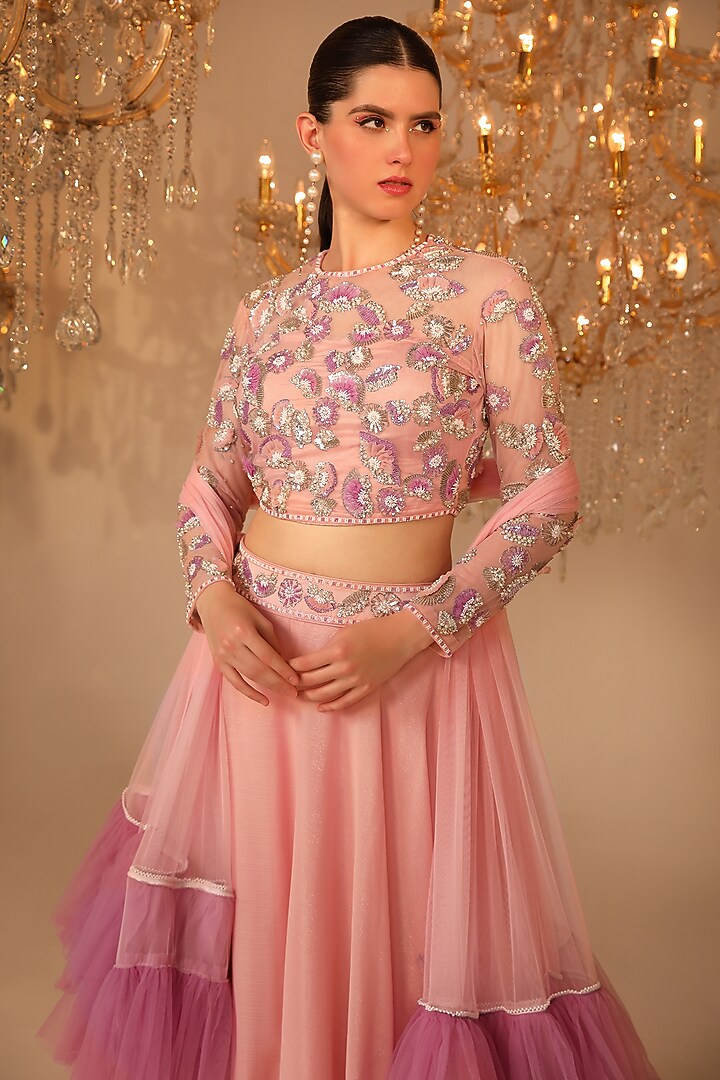 Baby Pink Metallic Georgette Wedding Lehenga Set by OMAL SINDWANI at Pernia's Pop Up Shop