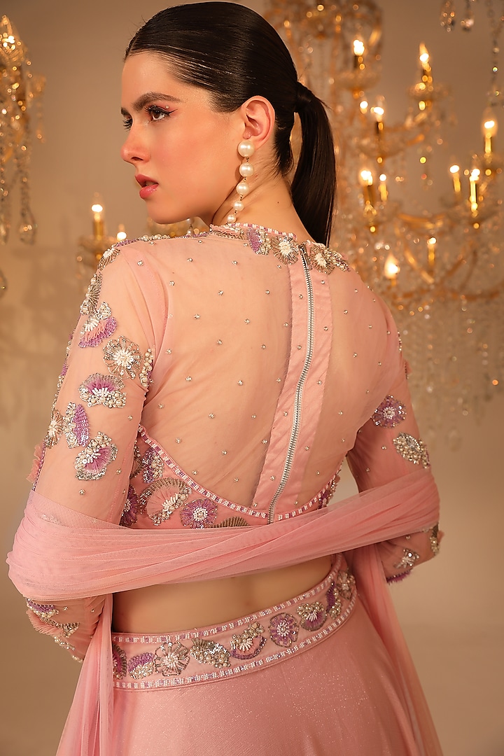 Baby Pink Metallic Georgette Wedding Lehenga Set by OMAL SINDWANI at Pernia's Pop Up Shop