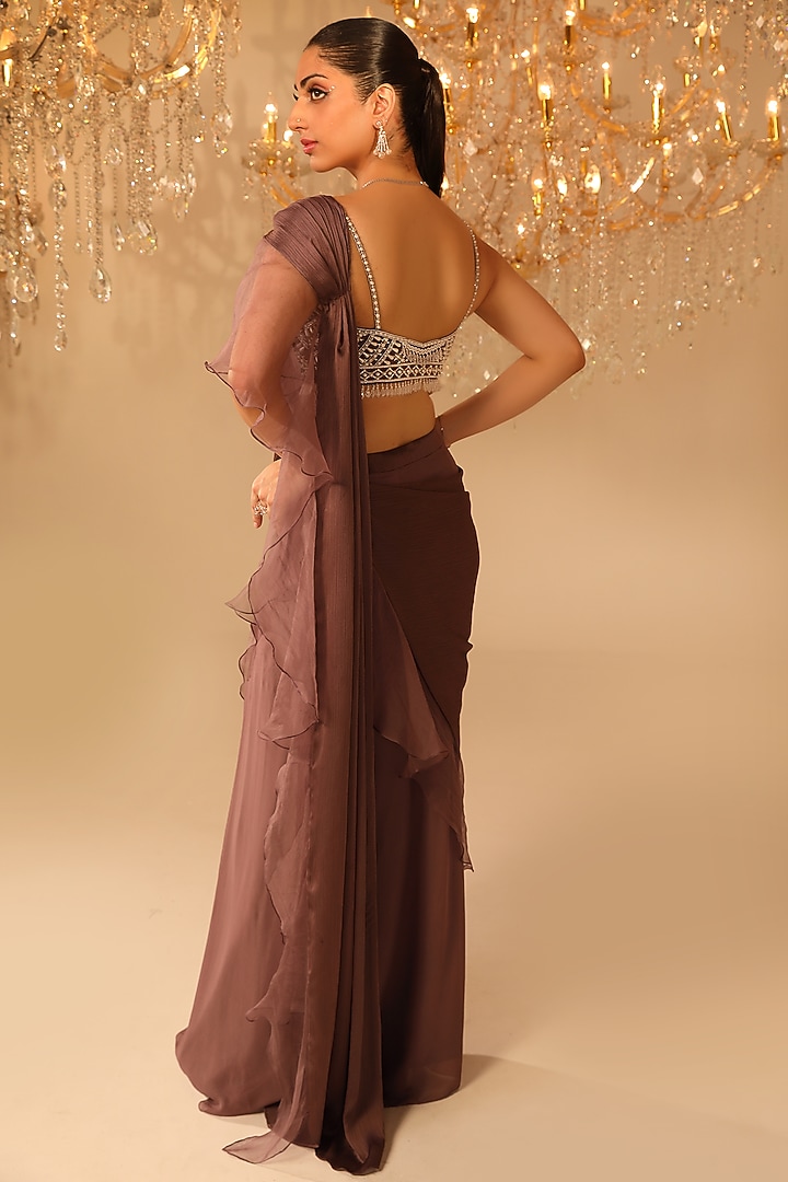 Wine Georgette Ruffled Draped Wedding Saree Set by OMAL SINDWANI at Pernia's Pop Up Shop