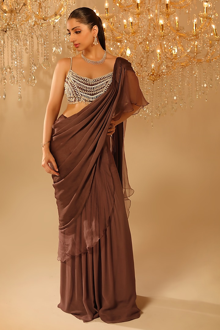 Wine Georgette Ruffled Draped Wedding Saree Set by OMAL SINDWANI at Pernia's Pop Up Shop