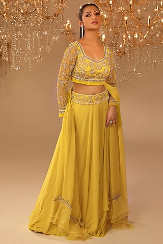 Lime Green Georgette Cutdana Embroidered Lehenga Set by OMAL SINDWANI
