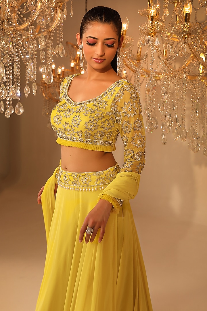 Lime Green Georgette Cutdana Embroidered Wedding Lehenga Set by OMAL SINDWANI at Pernia's Pop Up Shop