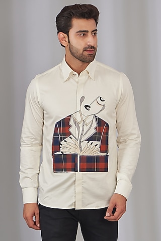 Cream Cotton Embroidered Shirt by OMANA
