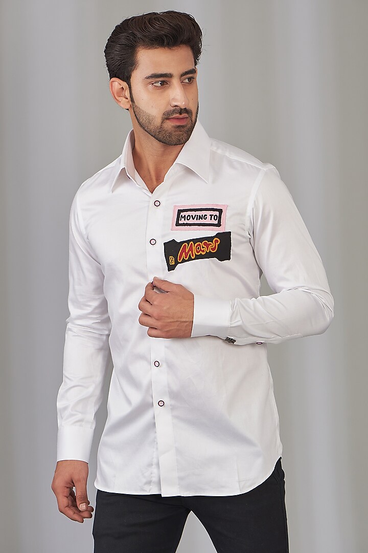 White Cotton Satin Embroidered Shirt by OMANA
