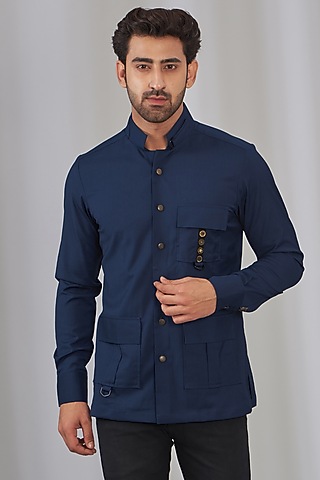 Blue Terylene & Viscose Embellished Safari Shirt by OMANA