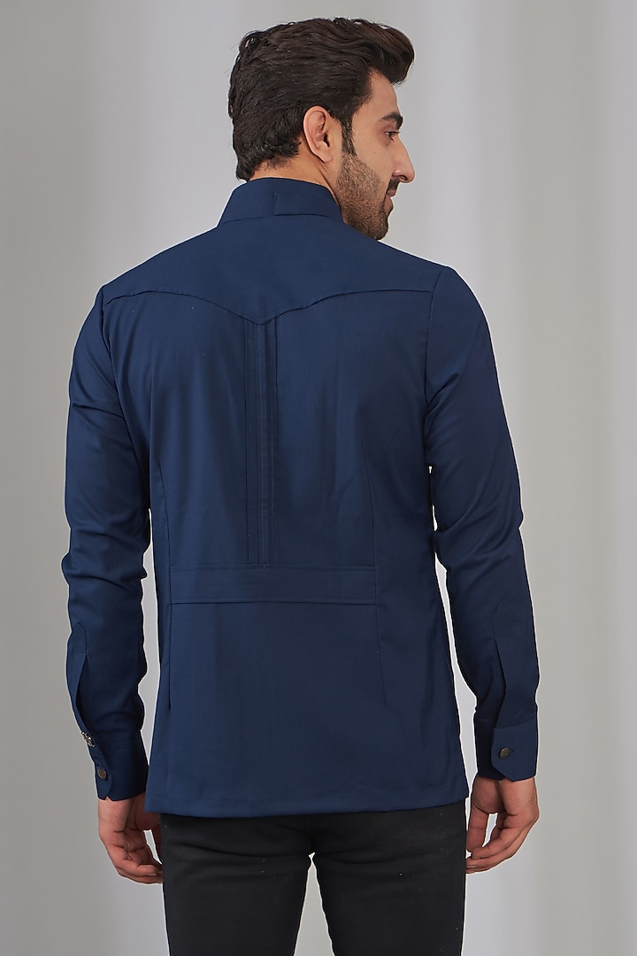 Blue Terylene & Viscose Embellished Safari Party Wear Shirt by OMANA at Pernia's Pop Up Shop