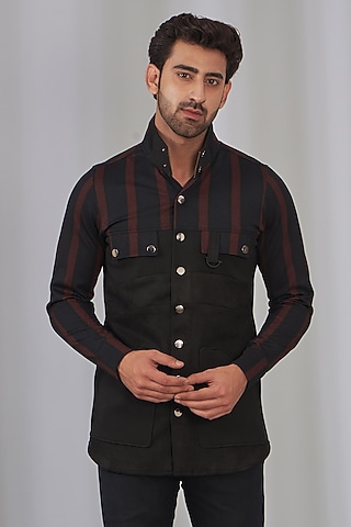 Black Poly Viscose & Suede Embellished Shirt by OMANA
