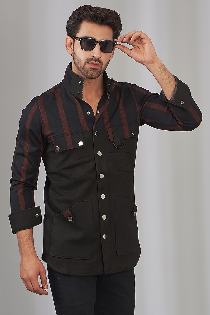 Black Poly Viscose & Suede Embellished Wedding Shirt by OMANA at Pernia's Pop Up Shop