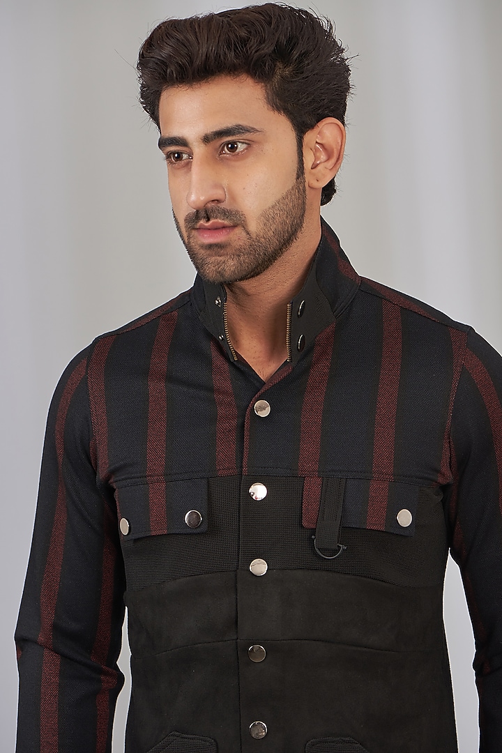 Black Poly Viscose & Suede Embellished Wedding Shirt by OMANA at Pernia's Pop Up Shop