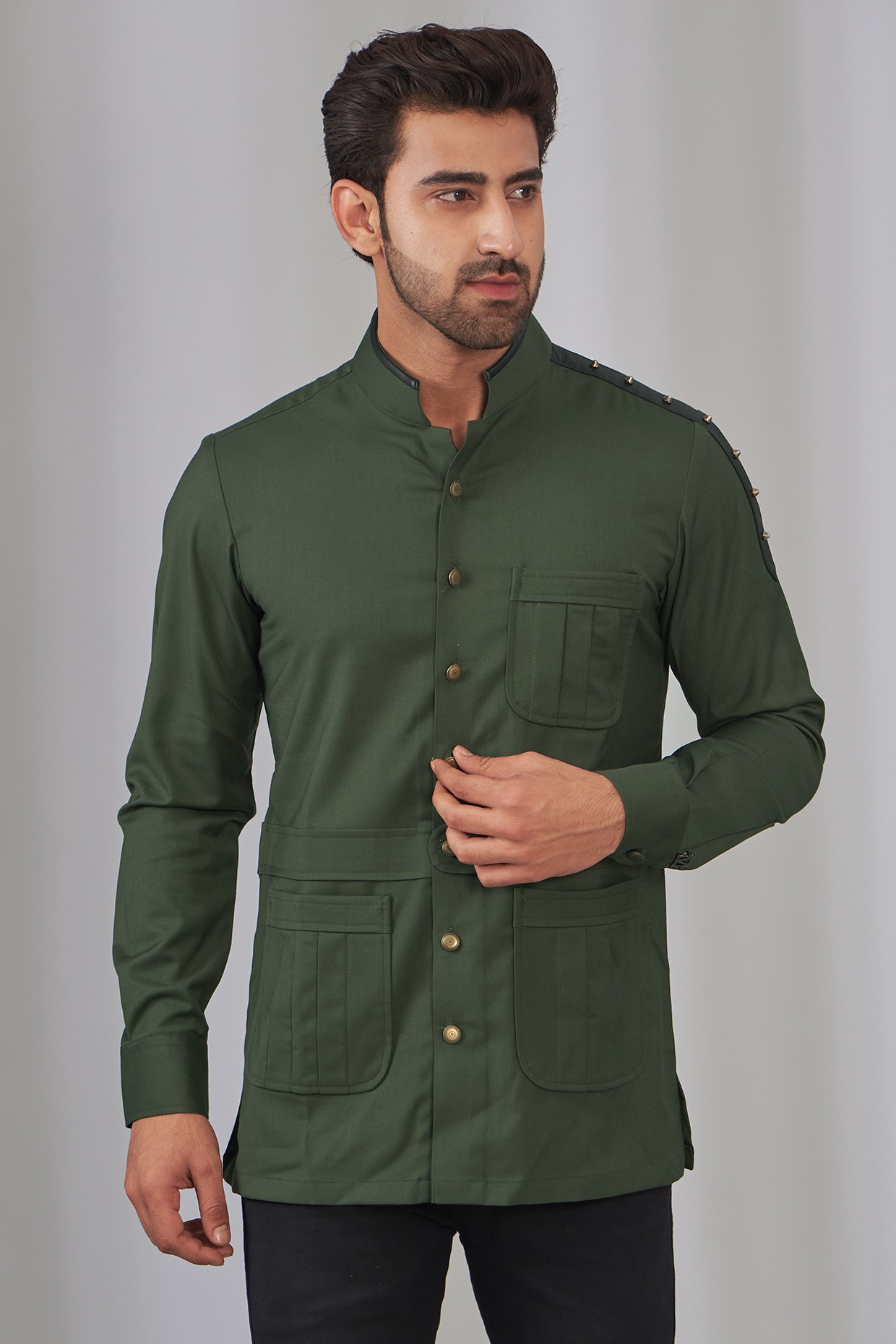 Olive Green Viscose & Terylene Safari Shirt by OMANA at Pernia's