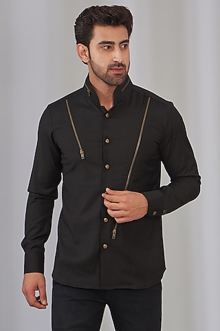 Black Viscose Safari Shirt by OMANA