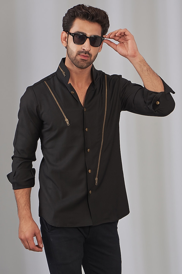Black Viscose Safari Party Wear Shirt by OMANA at Pernia's Pop Up Shop