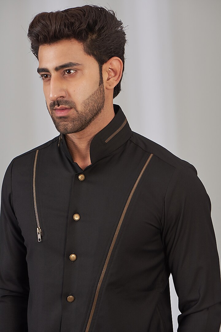 Black Viscose Safari Party Wear Shirt by OMANA at Pernia's Pop Up Shop