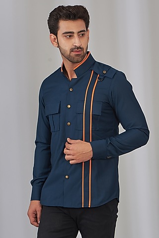 Ink Blue Poly Viscose Shirt by OMANA