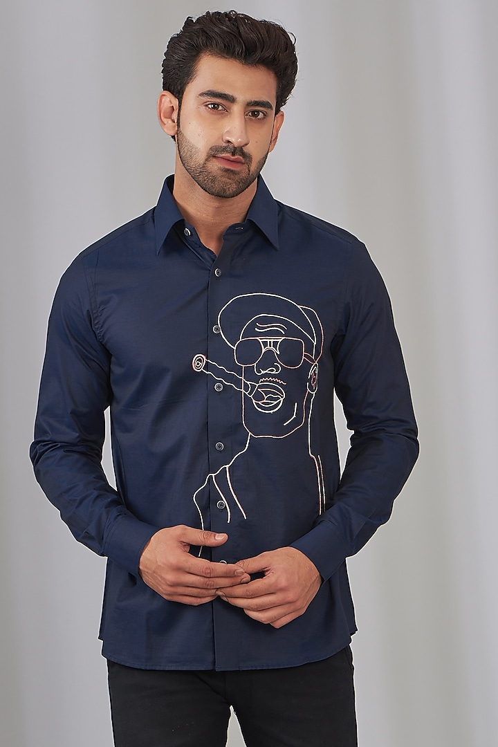 Navy Blue Cotton Embroidered Shirt by OMANA