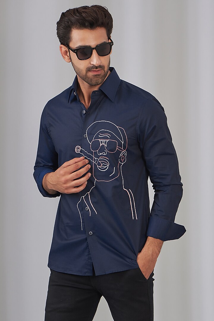 Navy Blue Cotton Embroidered Party Wear Shirt by OMANA at Pernia's Pop Up Shop