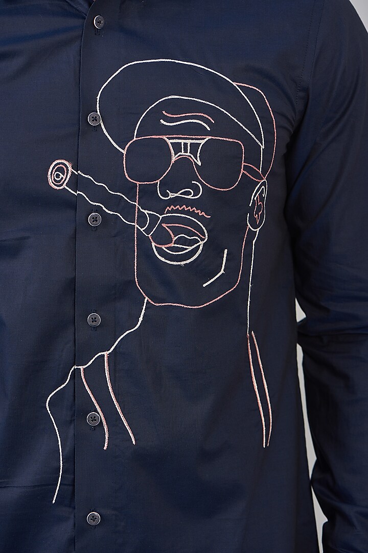 Navy Blue Cotton Embroidered Party Wear Shirt by OMANA at Pernia's Pop Up Shop