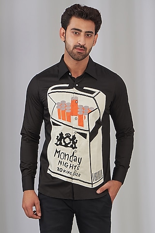 Black Cotton Embroidered Shirt by OMANA