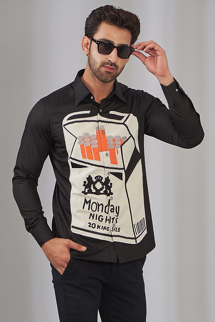 Black Cotton Embroidered Party Wear Shirt by OMANA at Pernia's Pop Up Shop