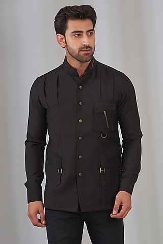 Black Polyster Viscose Safari Shirt by OMANA