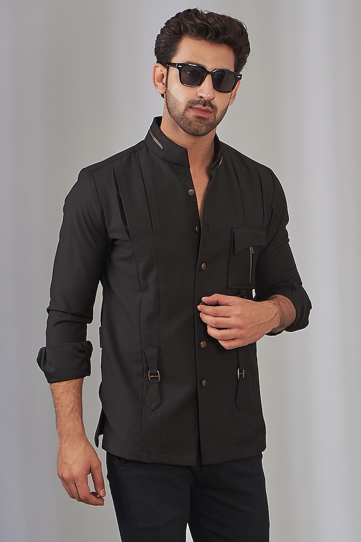 Black Polyster Viscose Safari Party Wear Shirt by OMANA at Pernia's Pop Up Shop