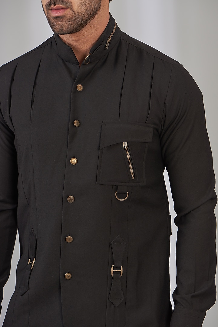 Black Polyster Viscose Safari Party Wear Shirt by OMANA at Pernia's Pop Up Shop