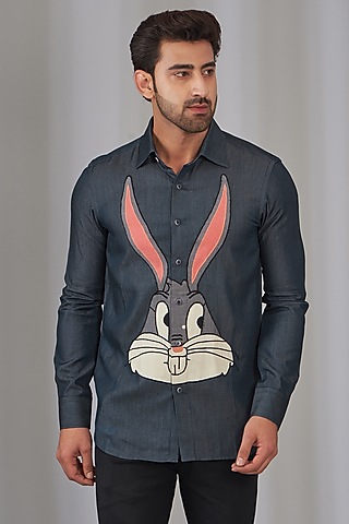 Blue Cotton Embroidered Shirt by OMANA