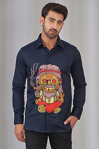 Navy Blue Cotton Embroidered Shirt by OMANA