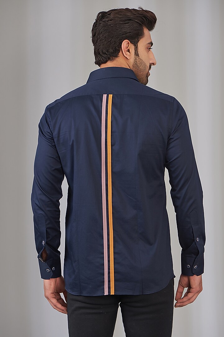 Navy Blue Cotton Embroidered Party Wear Shirt by OMANA at Pernia's Pop Up Shop