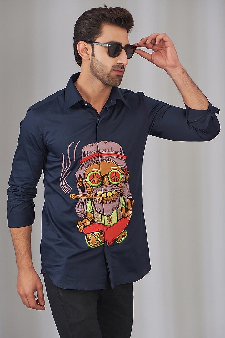 Navy Blue Cotton Embroidered Party Wear Shirt by OMANA at Pernia's Pop Up Shop