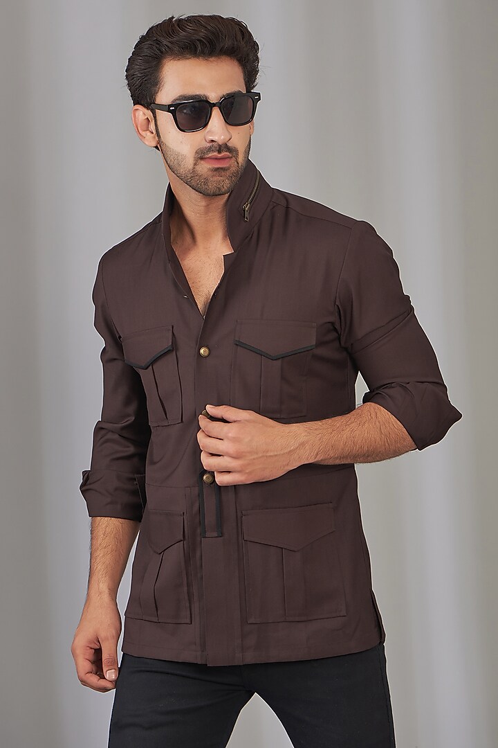 Brown Viscose Safari Party Wear Shirt by OMANA at Pernia's Pop Up Shop