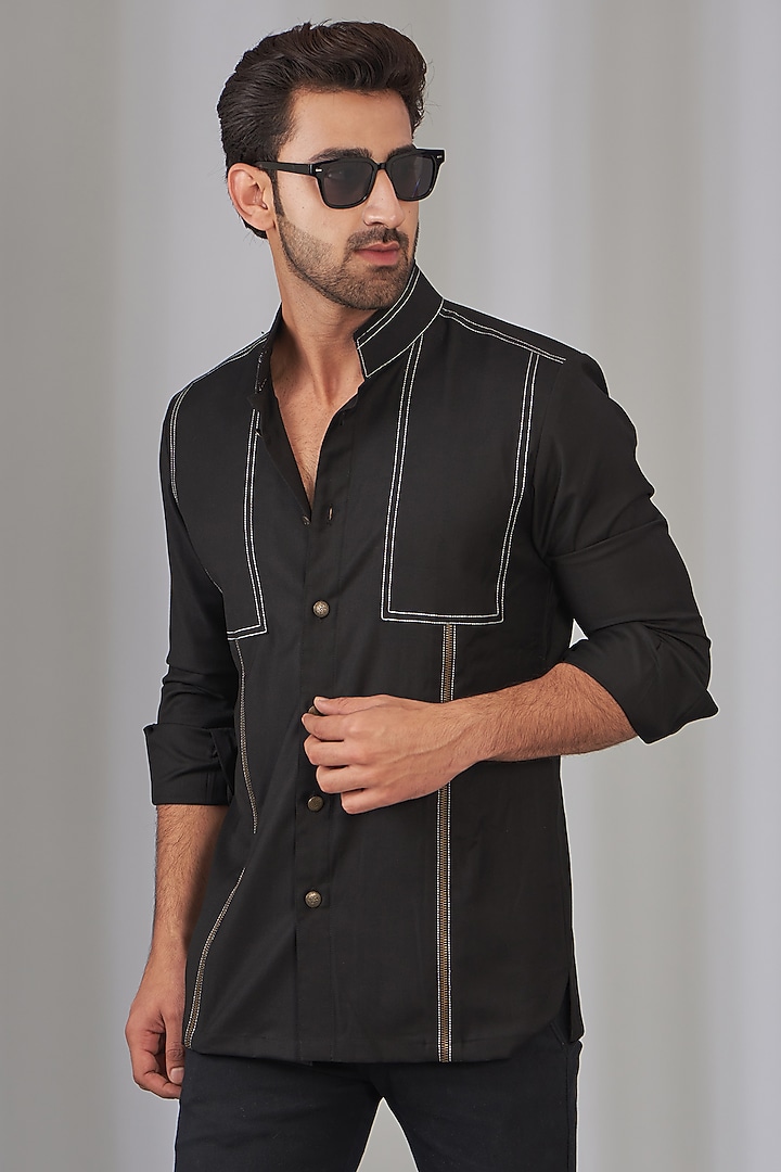 Black Viscose Embroidered Safari Party Wear Shirt by OMANA at Pernia's Pop Up Shop