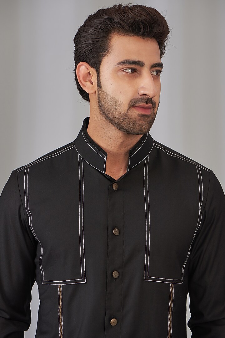 Black Viscose Embroidered Safari Party Wear Shirt by OMANA at Pernia's Pop Up Shop