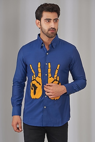 Ink Blue Cotton Embroidered Shirt by OMANA