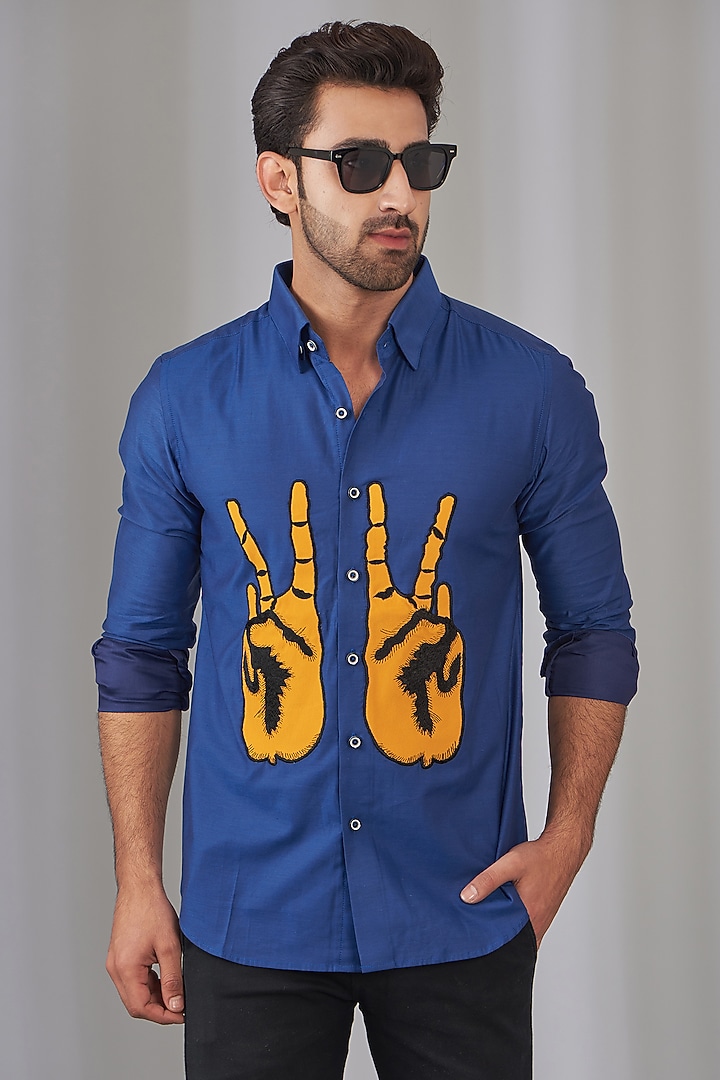Ink Blue Cotton Embroidered Party Wear Shirt by OMANA at Pernia's Pop Up Shop