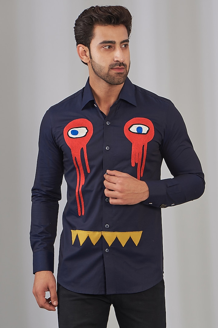 Navy Blue Cotton Embroidered Shirt by OMANA