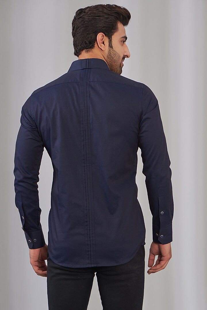 Navy Blue Cotton Embroidered Party Wear Shirt by OMANA at Pernia's Pop Up Shop