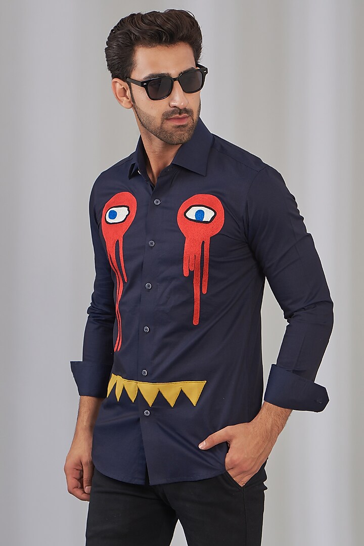 Navy Blue Cotton Embroidered Party Wear Shirt by OMANA at Pernia's Pop Up Shop